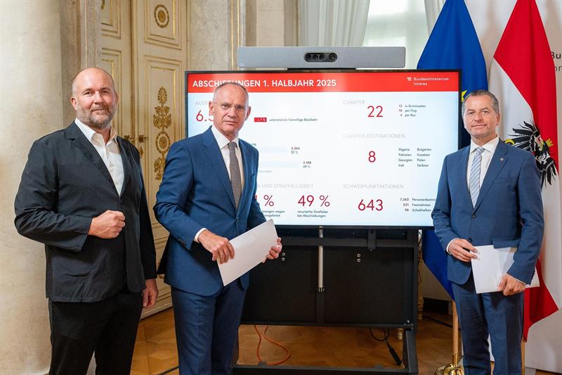 Innenminister Karner, BFA-Direktor Maier und Abteilungsleiter im Bundeskriminalamt, Gerald Tatzgern, präsentierten den Schleppereibericht und die Abschiebebilanz des ersten Halbjahres 2025.
