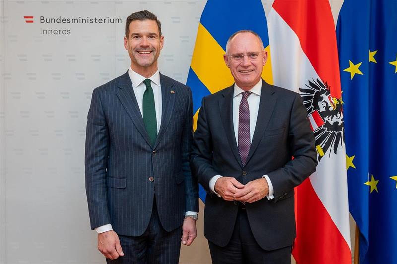 Der schwedische Migrationsminister Johan Forssell und Innenminister Gerhard Karner in Wien.
