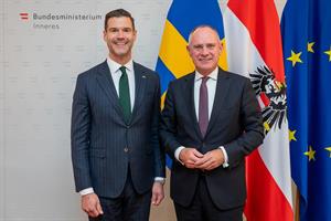 Der schwedische Migrationsminister Johan Forssell und Innenminister Gerhard Karner in Wien.