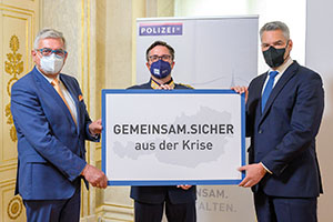 Pr&auml;sentation der Initiative GEMEINSAM.SICHER aus der Krise: Alfred Riedl, Manuel Scherscher, Karl Nehammer.