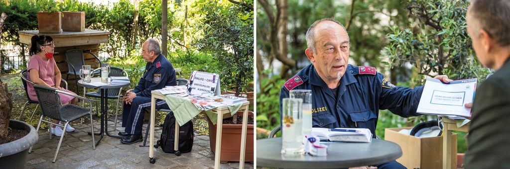 Gerald Buchebner, Sicherheitsbeauftragter der Polizei in Wien-Alsergrund, k&uuml;mmert sich im Rahmen des &bdquo;Dialog-Caf&eacute;s&ldquo; um Sorgen und Anliegen der B&uuml;rgerinnen und B&uuml;rger.