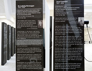Lern- und Gedenkort Charlotte-Taitl-Haus in Ried im Innkreis: Info-Stelen f&uuml;r die NS-Opfer Ludwig Bernegger und Josef Schmierl (Polizei Linz).