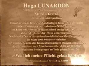 Gendenktafel f&uuml;r Hugo Lunardon im Bildungszentrum Feldkirch-Gisingen.