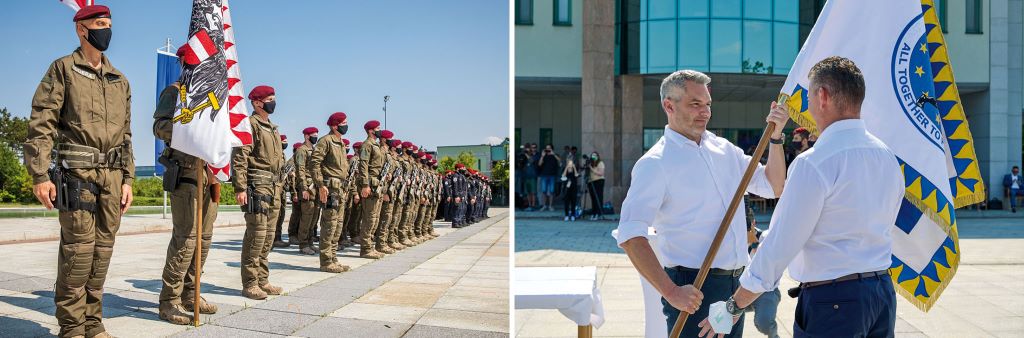 Fahnen&uuml;bergabe am 29. Juni 2021 in Wiener Neustadt: &Ouml;sterreich &uuml;bergibt den ATLAS-Vorsitz an die Slowakei.
