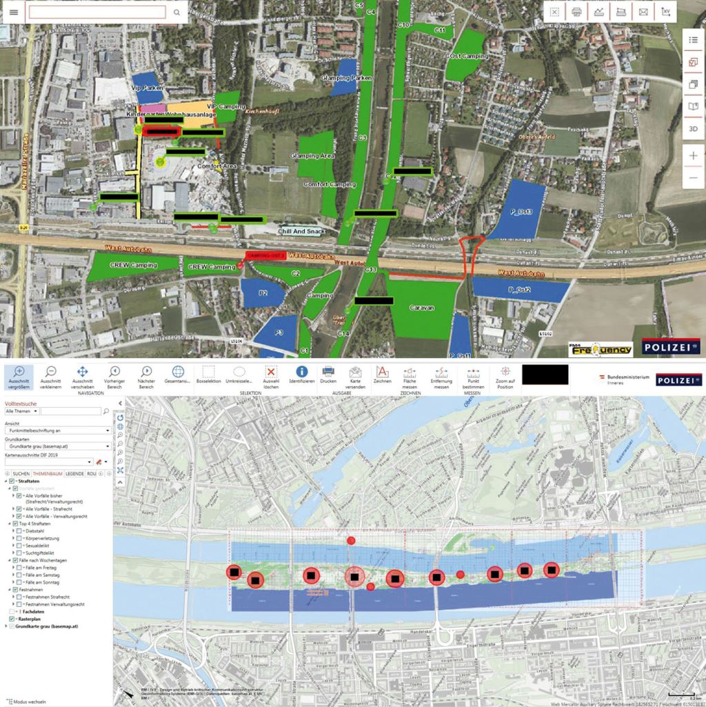 Polizeiliche Nutzung von GIS und EMV bei Gro&szlig;veranstaltungen: Frequency Festival in St. P&ouml;lten (oben) &ndash; Livetracking (EMV), detaillierte Gel&auml;ndepl&auml;ne; Donauinselfest in Wien &ndash; Livetracking (EMV), &bdquo;Live&ldquo;-Kriminalit&auml;tsdaten.