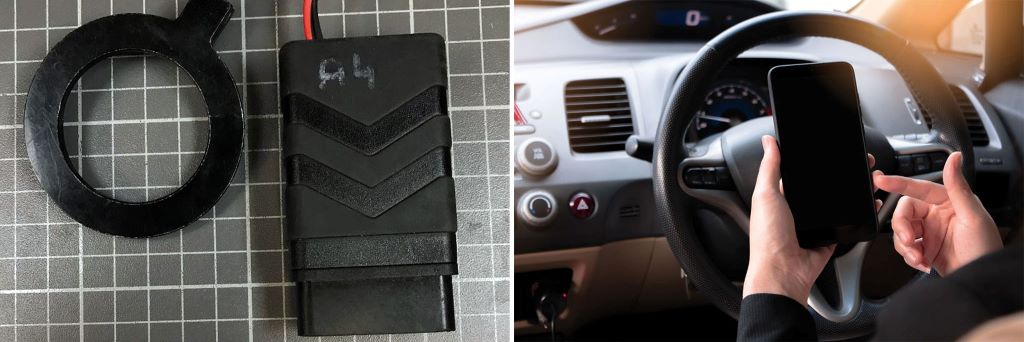 Kfz-Diebstahl: Ein OBD-Stecker mit Ringantenne erm&ouml;glicht eine Kommunikation zwischen der Bordelektronik und dem Smartphone. &Uuml;ber eine App werden Informationen ausgelesen, die f&uuml;r das Anlernen eines Schl&uuml;sselrohlings notwendig sind.