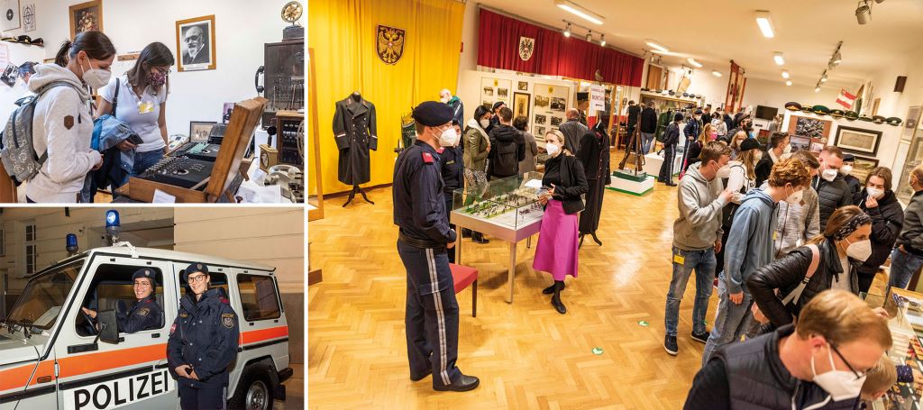 Enigma-Verschl&uuml;sselungsmaschinen, Puch-G der ehemaligen Alarmabteilung, Besucher im Polizeimuseum.
