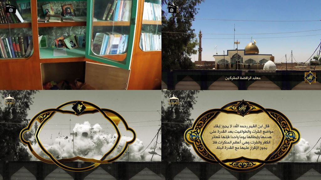 Beispiel der Verwendung salafistischer Quellen in IS-Videos: Legitimierung der Sprengung einer schiitischen Moschee im Irak (gek&uuml;rzt). Es ist sunnitischen Muslimen nicht erlaubt, jene St&auml;tten des Schirk (Polytheismus) und der Idole zu belassen, die in ihrem Einfluss bereich liegen. Das sind die Symbole des Schirk und des Kufr (Unglaubens) und des gr&ouml;&szlig;ten &Uuml;bels.