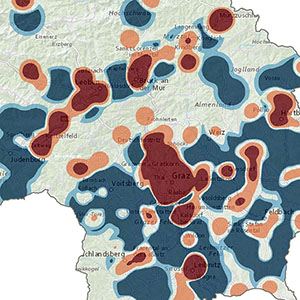 Dichtekarte: Visualisierung der r&auml;umlichen Zu- und Abnahme von Straftaten in einem bestimmten Bereich.