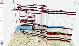 Auswertung und 3D-Darstellung von Schlepper-Routen.
