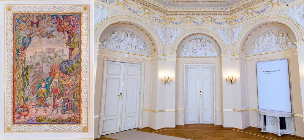 Generalsanierung der Beletage im Palais Modena: Tapisserie von Wolfgang Hutter; Oktogon als zentraler Verbindungsraum.
