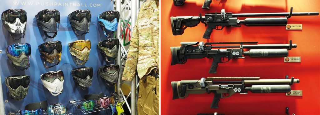 Internationale Waffenmesse IWA 2022: Ausr&uuml;stung f&uuml;r den Paintball-Sport; Airsoftwaffen.