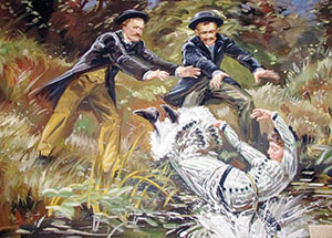 Hugo Schenk und Karl Schlossarek warfen die Leiche ihres Opfers Josefine Timal in die Donau (Acrylbild im Wiener Kriminalmuseum).