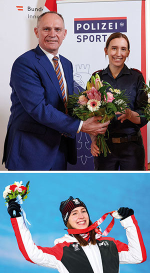 Daniela Ulbings gr&ouml;&szlig;ter Erfolg bisher war die Silbermedaille bei den Olympischen Spielen in China. F&uuml;r diese Leistung wurde sie von Innenminister Gerhard Karner geehrt.