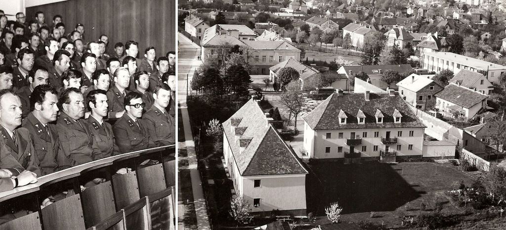 Gendarmeriezentralschule in M&ouml;dling: H&ouml;rsaal; Blick auf die Schul-, Unterkunfts-, Technik- und B&uuml;rogeb&auml;ude (1980).