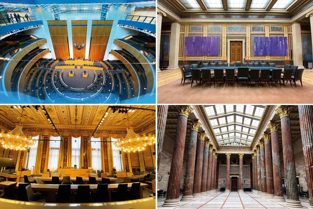 Das &bdquo;neue&ldquo; Parlament: Nationalratssaal, Empfangssalon f&uuml;r internationale Besuche; Bundesratssaal und S&auml;ulenhalle