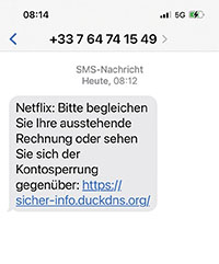 Smishing: In SMS-Textnachrichten wird man dazu verleitet, auf einen Link zu klicken oder Malware zu laden