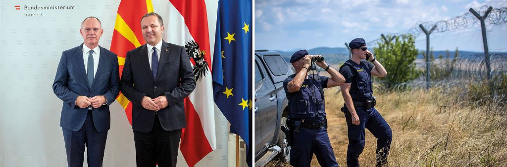 Innenminister Gerhard Karner und Innenminister Oliver Spasovski; &ouml;sterreichische Polizisten im Grenzeinsatz in Gevgelija