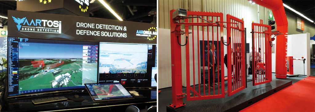 Fachmesse &bdquo;Perimeter Protection&ldquo;: Leitstand f&uuml;r das Aufsp&uuml;ren eindringender Drohnen; Falttor.