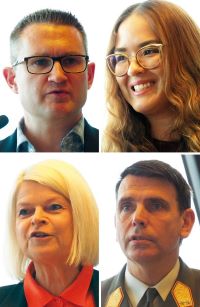 ISM-Summit: Daniel Pearce (Dataminr), Jhemiel Amiel (Rheinmetall), Verteidigungsministerin Klaudia Thanner, Generalmajor Bruno G. Hofbauer