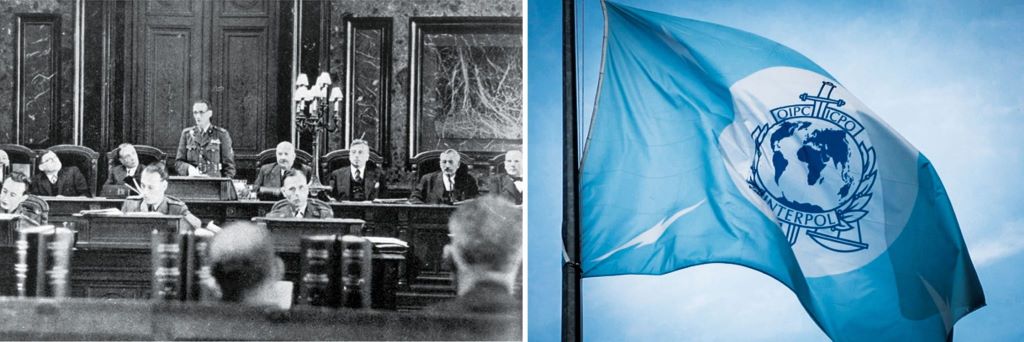 IKPK-Generalversammlung 1946 in Br&uuml;ssel: Interpol-Wiedergr&uuml;ndung; Interpol-Emblem (seit 1950)