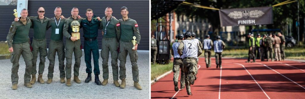 CTC 2023: GSG 9-Kommandeur J&eacute;r&ocirc;me Fuchs (3. v. r.) mit dem Team des EKO Cobra; Wettkampfszene am Gel&auml;nde der GSG 9. Das Cobra-Team gewann den 1. Preis beim Abschlussbewerb, Gesamtsieger wurde die Schweizer Sondereinheit &bdquo;Enzian&ldquo;