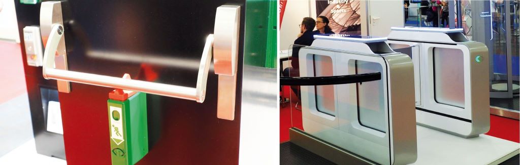 Sicherheitsexpo: Panikstange von GfS f&uuml;r Fluchtt&uuml;ren; Zutrittsschleuse von Cambaum