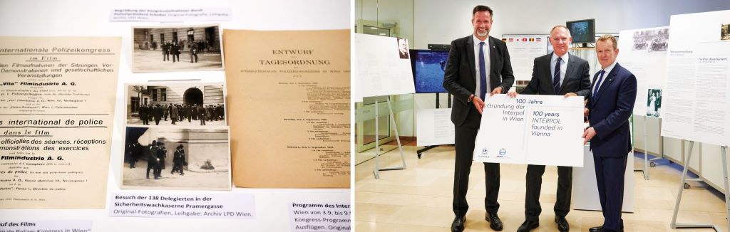 Dokumente &uuml;ber die Tagung 1923; BK-Direktor Andreas Holzer, Innenminister Gerhard Karner, Stephen Kavanagh (Interpol)