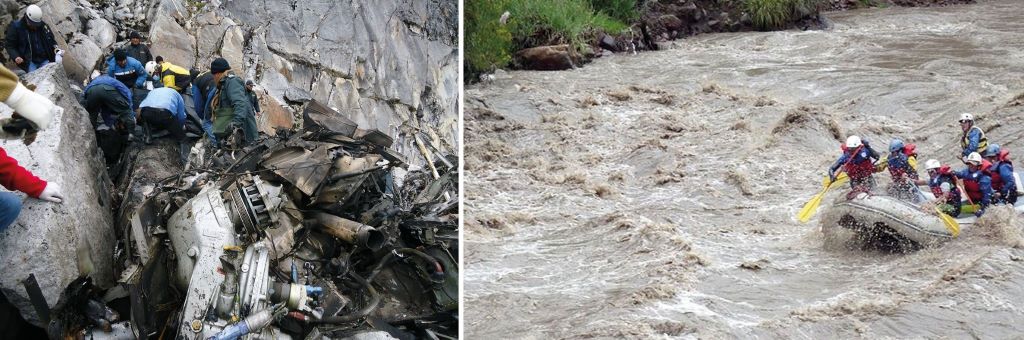 Teams der peruanischen Hochgebirgsrettungseinheit USAM: Suche nach Vermissten nach einem Helikopterabsturz im Schutzgebiet Ausangate und im Rio Vilcanota
