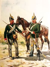 Darstellung von Gendarmen zu Fu&szlig; und zu Pferd im Jahr 1850