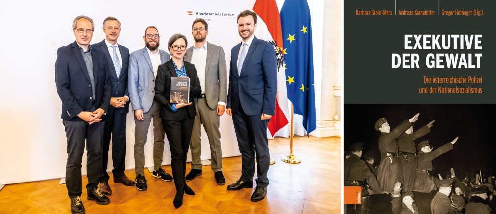 Pr&auml;sentation des Sammelbandes &uuml;ber die Rolle der Polizei im Nationalsozialismus am 24. Mai 2024 im Innenministerium: Martin Zellhofer, Sektionschef Mathias Vogl, Gregor Holzinger, Barbara Stelzl-Marx, Andreas Kranebitter, Stephan Mlczoch