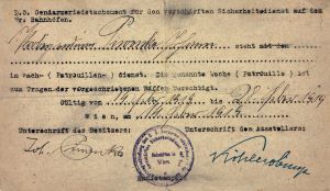 Waffentrageberechtigung f&uuml;r einen Gendarmen des Gendarmerie- Detachements auf den Wiener Bahnh&ouml;fen 1919