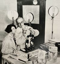 Kriminalist Ferdinand Watzek mit seiner Assistentin Jeanny van Lock im Kriminallabor in Chicago (Titelblatt der Zeitschrift &bdquo;Wiener Bilder&ldquo;, Nr. 21/1930)