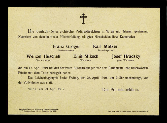 Parte des Innenministeriums f&uuml;r die Opfer der &bdquo;Gr&uuml;ndonnerstagsrevolte&ldquo; am 17. April 1919 in Wien