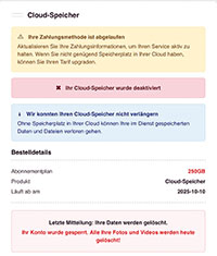 Fake-Warnung vor angeblich vollem Cloudspeicher