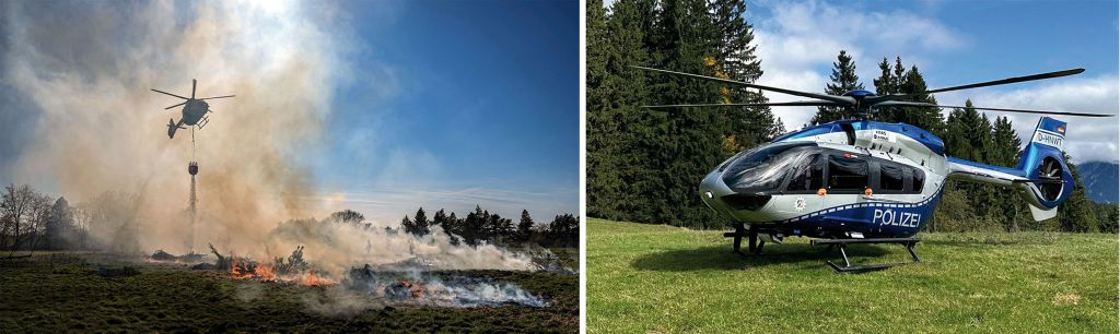 Polizeifliegerstaffel Nordrhein-Westfalen: Unterst&uuml;tzung der Feuerwehr im Sauerland bei der Bek&auml;mpfung eines Waldbrandes. Der Flieger staffel stehen sechs Hubschrauber des Typs Airbus H 145 sowie zwei Kleinflugzeuge des Typs Cessna C182 zur Verf&uuml;gung