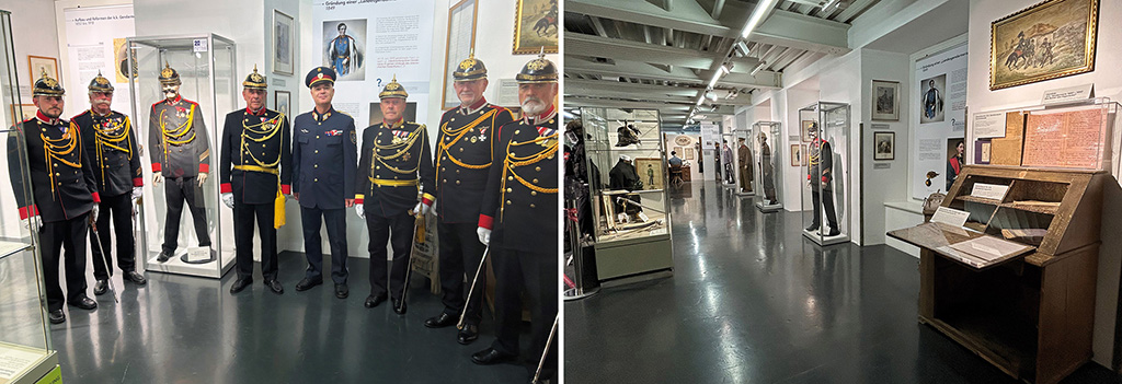 Kurator Michael Beyrer (Mitte) und Mitglieder der Traditionsgendarmerie K&auml;rnten; Exponate der Gedarmerieausstellung